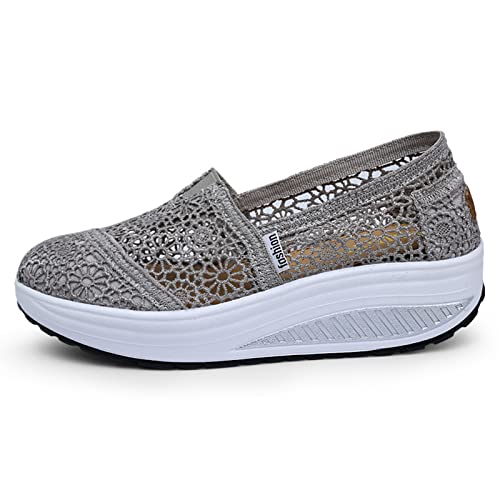 Yeeteepot Walkingschuhe Damen Slip on Sneakers Keilabsatz Schlupfschuhe Fitness Turnschuhe Laufschuhe Leichte Atmungsaktiv Freizeitschuhe, Z-Grau 40 EU von Yeeteepot