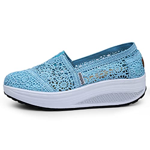 Yeeteepot Walkingschuhe Damen Slip on Sneakers Keilabsatz Schlupfschuhe Fitness Turnschuhe Laufschuhe Leichte Atmungsaktiv Freizeitschuhe, Z-Hellblau 40 EU von Yeeteepot