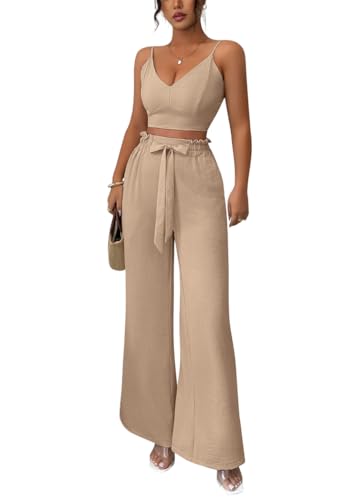 Yegirlzs 2 Teiler Hosenanzug Damen Elegant Zweiteiler Outfit Ärmelloses Tank Top und Hose Freizeitanzug Sommer Loungewear Einfarbig Streetwear A Khaki M von Yegirlzs