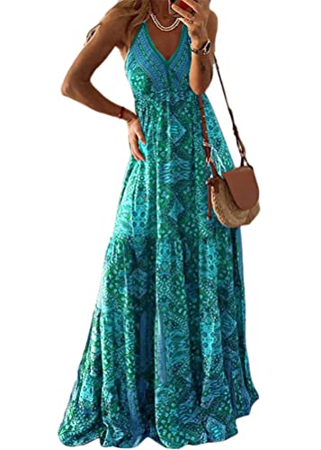 Yegirlzs Damen Elegant Sommerkleider V Ausschnitt Maxikleid Rüschen Blumen Boho Lange Kleid Hohe Taille Ärmellose Freizeitkleid B Grün S von Yegirlzs