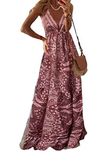 Yegirlzs Damen Elegant Sommerkleider V Ausschnitt Maxikleid Rüschen Blumen Boho Lange Kleid Hohe Taille Ärmellose Freizeitkleid B Rosa M von Yegirlzs