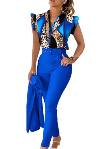 Yegirlzs Damen Hosenanzug Elegant Zweiteiler Business Anzug Sets Sommer 2 Teiler Set Ärmellos Weste Button Down und Hosen Hohe Taille Hosenanzüge Mode Outfit A Blau M von Yegirlzs