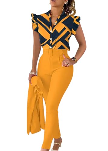 Yegirlzs Damen Hosenanzug Elegant Zweiteiler Business Anzug Sets Sommer 2 Teiler Set Ärmellos Weste Button Down und Hosen Hohe Taille Hosenanzüge Mode Outfit B Orange M von Yegirlzs