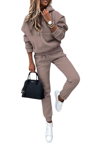Yegirlzs Damen Jogginganzug Zweiteiler Outfit 2 Teilig Freizeitanzug Kapuzenpullover Hoodie Trainingsanzug Sportanzug Set Sweatshirt und Lange Hose Sportswear Damenanzug A Khaki2 XS von Yegirlzs