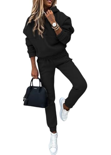 Yegirlzs Damen Jogginganzug Zweiteiler Outfit 2 Teilig Freizeitanzug Kapuzenpullover Hoodie Trainingsanzug Sportanzug Set Sweatshirt und Lange Hose Sportswear Damenanzug A Schwarz XS von Yegirlzs