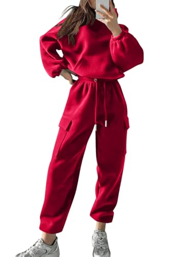 Yegirlzs Damen Jogginganzug Zweiteiler Outfit 2 Teilig Freizeitanzug Kapuzenpullover Hoodie Trainingsanzug Sportanzug Set Sweatshirt und Lange Hose Sportswear Damenanzug B Rot XS von Yegirlzs