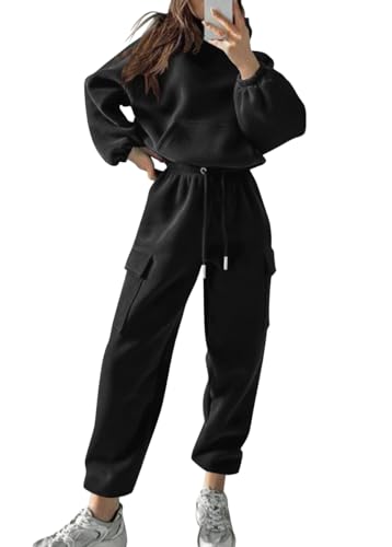 Yegirlzs Damen Jogginganzug Zweiteiler Outfit 2 Teilig Freizeitanzug Kapuzenpullover Hoodie Trainingsanzug Sportanzug Set Sweatshirt und Lange Hose Sportswear Damenanzug B Schwarz XS von Yegirlzs
