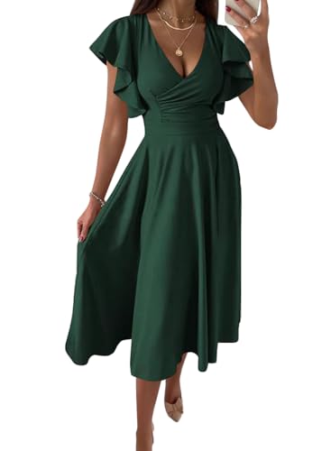 Yegirlzs Damen Kleid Elegant Abendkleider Kurzarm V-Ausschnitt Sommerkleid Midi Cocktailkleid mit Rüschen Saum Einfarbig Ballkleid A Dunkelgrün M von Yegirlzs