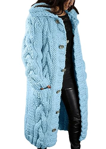 Yegirlzs Damen Strickjacke Lang Cardigan Langarm Grobstrickjacke Strickmantel mit Taschen Strickcardigan mit Knopf Winter Jacke Sweater Outerwear A Blau1 M von Yegirlzs