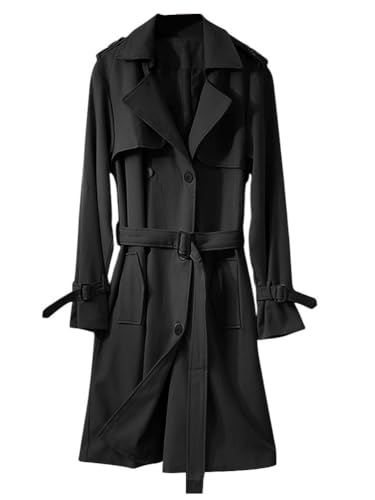 Yegirlzs Damen Trenchcoat Jacke Revers Cardigan Zweireiher Langer Mantel Winddichter Wintermantel Windjacke Übergangsmantel mit Taschen A Schwarz XXL von Yegirlzs