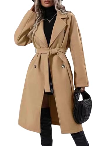 Yegirlzs Damen Trenchcoat Wollmantel Revers Windjacke Warm Wintermantel Langarm Elegant Mantel Jacke Parka Overcoat Herbst Winter C Khaki L von Yegirlzs