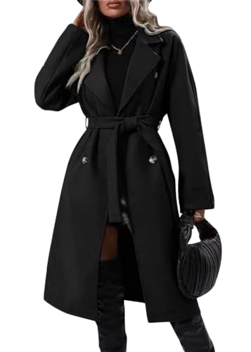 Yegirlzs Damen Trenchcoat Wollmantel Revers Windjacke Warm Wintermantel Langarm Elegant Mantel Jacke Parka Overcoat Herbst Winter C Schwarz L von Yegirlzs