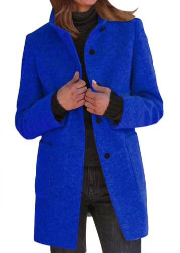 Yegirlzs Damen Wollmantel Trenchcoat Stehkragen Wintermantel Warm Windjacke Langarm Elegant Mantel Jacke Parka Overcoat Herbst Winter A Blau XL von Yegirlzs