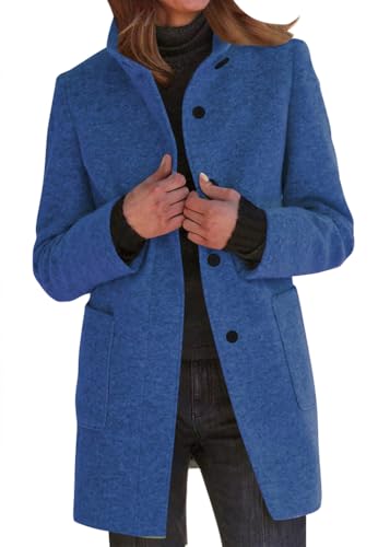 Yegirlzs Damen Wollmantel Trenchcoat Stehkragen Wintermantel Warm Windjacke Langarm Elegant Mantel Jacke Parka Overcoat Herbst Winter A Dunkelblau XXL von Yegirlzs