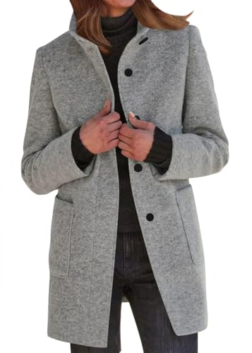 Yegirlzs Damen Wollmantel Trenchcoat Stehkragen Wintermantel Warm Windjacke Langarm Elegant Mantel Jacke Parka Overcoat Herbst Winter A Grau XXL von Yegirlzs