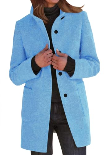 Yegirlzs Damen Wollmantel Trenchcoat Stehkragen Wintermantel Warm Windjacke Langarm Elegant Mantel Jacke Parka Overcoat Herbst Winter A Hellblau M von Yegirlzs