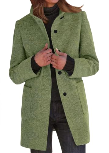 Yegirlzs Damen Wollmantel Trenchcoat Stehkragen Wintermantel Warm Windjacke Langarm Elegant Mantel Jacke Parka Overcoat Herbst Winter A Hellgrün M von Yegirlzs