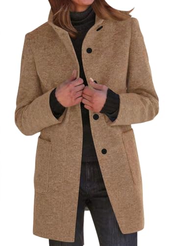 Yegirlzs Damen Wollmantel Trenchcoat Stehkragen Wintermantel Warm Windjacke Langarm Elegant Mantel Jacke Parka Overcoat Herbst Winter A Khaki S von Yegirlzs
