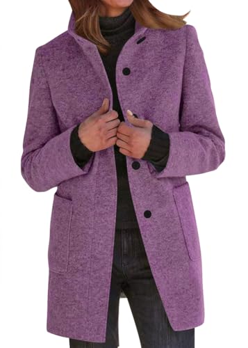 Yegirlzs Damen Wollmantel Trenchcoat Stehkragen Wintermantel Warm Windjacke Langarm Elegant Mantel Jacke Parka Overcoat Herbst Winter A Violett XL von Yegirlzs