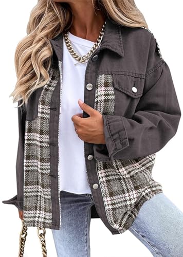 Yegirlzs Jeansjacke Damen Vintage Jeans Jacke Langarm Jean Mantel Kurze Jeansjacke Knopf Denim Jacken Leichte Jacken Mantel Outwear Vintage Streetwear A Grau L von Yegirlzs