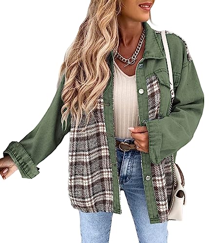 Yegirlzs Jeansjacke Damen Vintage Jeans Jacke Langarm Jean Mantel Kurze Jeansjacke Knopf Denim Jacken Leichte Jacken Mantel Outwear Vintage Streetwear A Grün XL von Yegirlzs