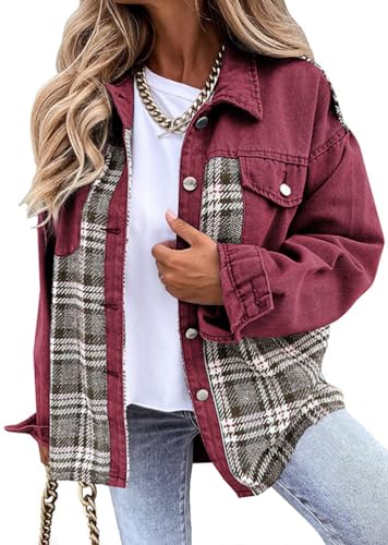 Yegirlzs Jeansjacke Damen Vintage Jeans Jacke Langarm Jean Mantel Kurze Jeansjacke Knopf Denim Jacken Leichte Jacken Mantel Outwear Vintage Streetwear A Rot L von Yegirlzs