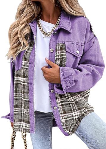 Yegirlzs Jeansjacke Damen Vintage Jeans Jacke Langarm Jean Mantel Kurze Jeansjacke Knopf Denim Jacken Leichte Jacken Mantel Outwear Vintage Streetwear A Violett L von Yegirlzs