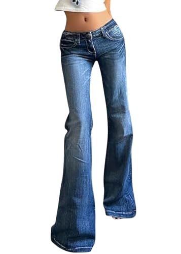 Yegirlzs Schlaghose Damen Jeans High Waist Jeanshosen Vintage Stretch Jeans Hosen Bootcut Jean Y2K Casual Schlaghose Damenhose Freizeithose A Blau XS von Yegirlzs