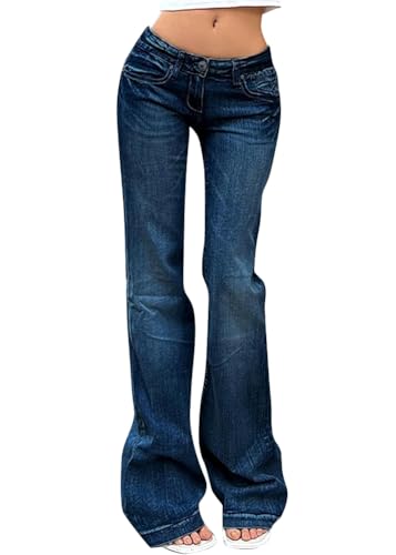 Yegirlzs Schlaghose Damen Jeans High Waist Jeanshosen Vintage Stretch Jeans Hosen Bootcut Jean Y2K Casual Schlaghose Damenhose Freizeithose A Dunkelblau S von Yegirlzs