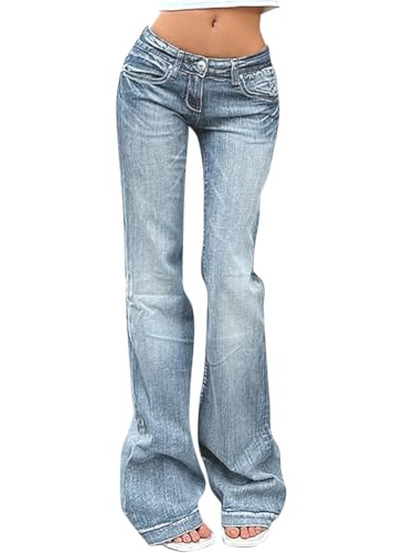 Yegirlzs Schlaghose Damen Jeans High Waist Jeanshosen Vintage Stretch Jeans Hosen Bootcut Jean Y2K Casual Schlaghose Damenhose Freizeithose A Hellblau XS von Yegirlzs