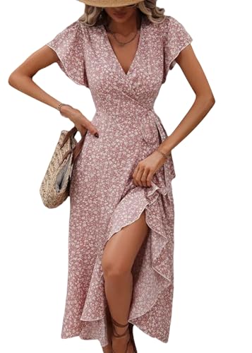 Yegirlzs Sommerkleid Damen Sommer Boho Kleid Lang Casual V-Ausschnitt Blumendruck Kleider Kurzarm Midikleid Mit Schlitz A Rosa L von Yegirlzs