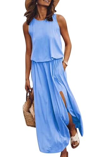 Yegirlzs Sommerkleid Damen Sommer Kleid Lang Casual Rundhals Ärmellose Kleider Einfarbig Maxikleid Mit Schlitz A Blau L von Yegirlzs
