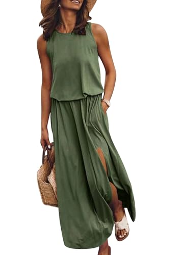 Yegirlzs Sommerkleid Damen Sommer Kleid Lang Casual Rundhals Ärmellose Kleider Einfarbig Maxikleid Mit Schlitz A Grün M von Yegirlzs