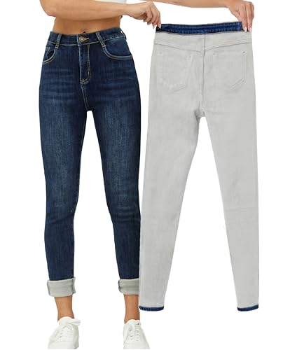 Yehopere Damen Winter Fleece Gefüttert Jeans Slim Fit Warm Skinny High Waist Denim Jeans, Dunkelgewaschen, Large Kurze Schlauch von Yehopere