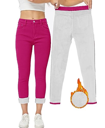 Yehopere Damen Winter Fleece Gefüttert Jeans Slim Fit Warm Skinny High Waist Denim Jeans, Pink Hot, Groß von Yehopere