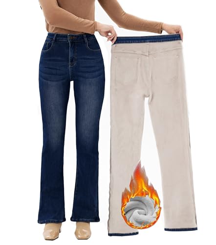 Yehopere Damenhose, Fleecefutter, gerades Bein, Winter, Thermo-Flanell, gefüttert, Denim-Hose, Bootcut 0dark, Small Kurze Schlauch von Yehopere