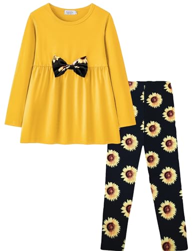 Yekaty Mädchenkleidungs-Set, 2-teilig, Blumenmuster, weicher Rundhalsausschnitt, langärmeliges Oberteil + Leggings, lockere Outfits mit Schleife, Pat4, 4-5 Jahre von Yekaty