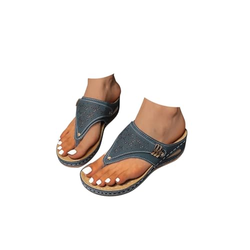 2025 Damen Sommer Offene Orthopädische Bequeme Fußgewölbeunterstützung Elegante Hausschuhe mit Keilabsatz Leder Sandalen Haus Meer Flip Flop rutschfest Slippers Hausschuhe Strand Dusche, A04 Blau, 44 von Yekdmxop