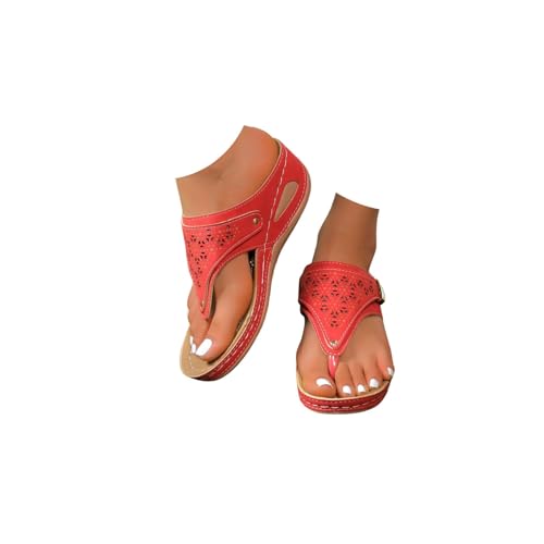 2025 Damen Sommer Offene Orthopädische Bequeme Fußgewölbeunterstützung Elegante Hausschuhe mit Keilabsatz Leder Sandalen Haus Meer Flip Flop rutschfest Slippers Hausschuhe Strand Dusche, A10 Rot, 42 von Yekdmxop
