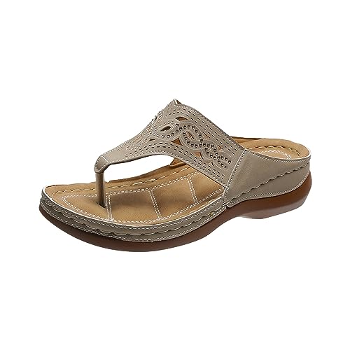 2025 Damen Sommer Offene Orthopädische Elegante Fußgewölbeunterstützung Bequeme Sandalen mit Keilabsatz Leder Flip-Flops Haus Meer Hausschuhe Rutschfeste Hausschuhe Flip Flop Strand Dusche, braun, 40 von Yekdmxop