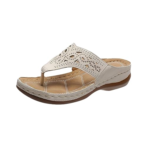 2025 Damen Sommer Offene Orthopädische Elegante Fußgewölbeunterstützung Bequeme Sandalen mit Keilabsatz Leder Flip-Flops Haus Meer Hausschuhe Rutschfeste Hausschuhe Flip Flop Strand Dusche, Khaki, 37 von Yekdmxop