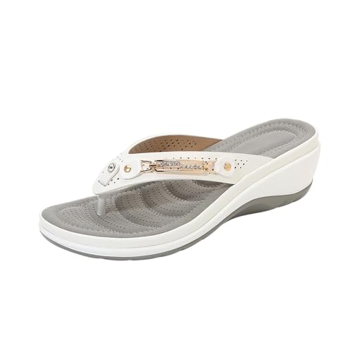 2025 Damen Sommer Offene Orthopädische Hausschuhe Bequem Mit Rutschfestem Keilabsatz Elegante Unterstützung Bogen Leder Sandalen Meer Haus Hausschuhe Leichte Slippers Flip Flop Strand Dusche, Weiß, 39 von Yekdmxop