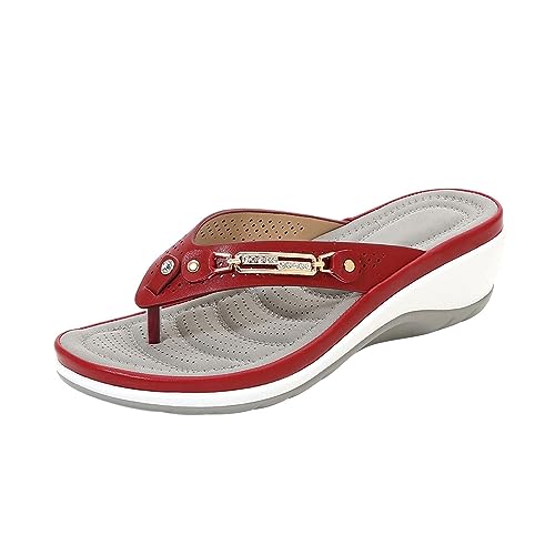2025 Damen Sommer Offene Orthopädische Hausschuhe Bequem Mit Rutschfestem Keilabsatz Elegante Unterstützung Bogen Leder Sandalen Meer Haus Hausschuhe Leichte Slippers Flip Flop Strand Dusche, rot, 42 von Yekdmxop