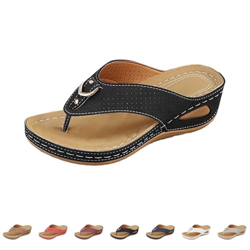 2025 Orthopädische Hausschuhe Damen Sommer Open Bequeme Bogenstütze Leichte Elegante Hausschuhe Mit Keilabsatz Rutschfeste Flip Flops Meer Haus Sandalen Slippers Leder Flip Flop Strand Dusche, Schwarz von Yekdmxop