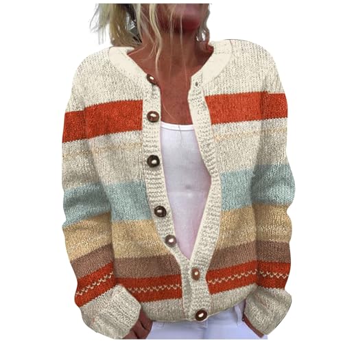 Cardigan Damen Pullover Elegante Pullover Leichte Pullover Bunte Strickjacken Damen Übergröße Gestrickt Jacquard Langarm Elastische Strickjacke Damen Frühling Herbst Winter, beige, M von Yekdmxop