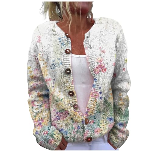 Cardigan Damen Strickjacke Elegant Pullover Mode Pullover mit Knöpfen Jacken Damen Zeremonie Sweater mit Blumendruck Kurze Strickjacke Weich Cardigan aus Kaschmir Angebote Tageslicht, roségold, XL von Yekdmxop