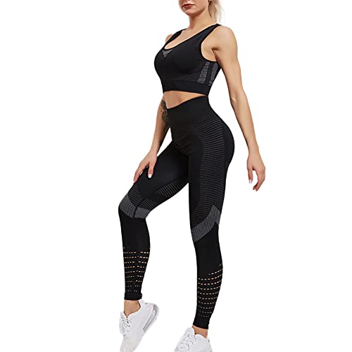 Damen Nahtlose Yoga Sportbekleidungsset 2 Stück Trainingsset Sport-BH + Leggings Fitness Gym Running Kit Gym Leggings Push Up High Waist und Fitness Top, Schwarz , S von Yekdmxop