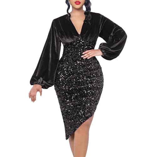 Elegantes Damenkleid Weihnachten Damen Langarm Glänzende Abendkleider Curvy Kleid Knie Cocktail Kleid Glitzer Tailleur Minikleid Silvester Abschlussball Karneval Sommer Frühling, Schwarz , XXXL von Yekdmxop