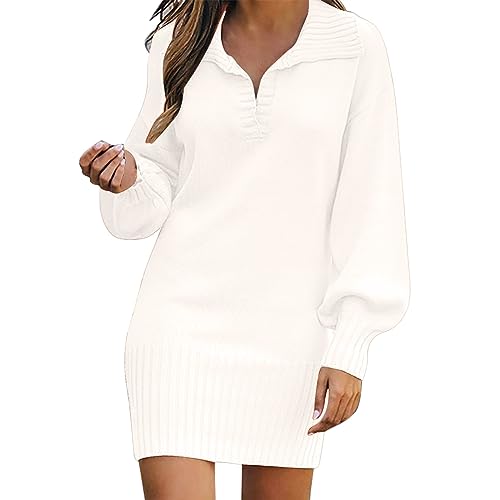 Pulloverkleid Damen Elegant Winter Kleidung Pullover Rot Casual Strickkleid Elegant Zeremonie Schwarz Etuikleid Einfarbig Cocktail Kurze Kleider Elastisch Neujahr Party Angebot, Weiß, XL von Yekdmxop