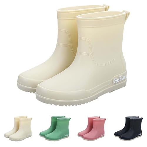 Regenstiefel Damen Gummi Bunte Niedrige Stiefel Rutschfest Wasserdicht Kurze Stiefeletten PVC Regenschuhe Mode Rain Boots Bequeme Angeln Wasserschuhe Elegante Outdoor Gartenarbeit Schnee, beige, 38 EU von Yekdmxop